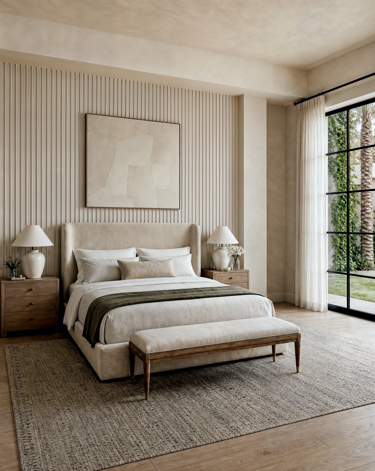 A calm Palm Jumeirah primary bedroom with a reeded plaster wall, a low linen platform bed and an olive throw, Dubai