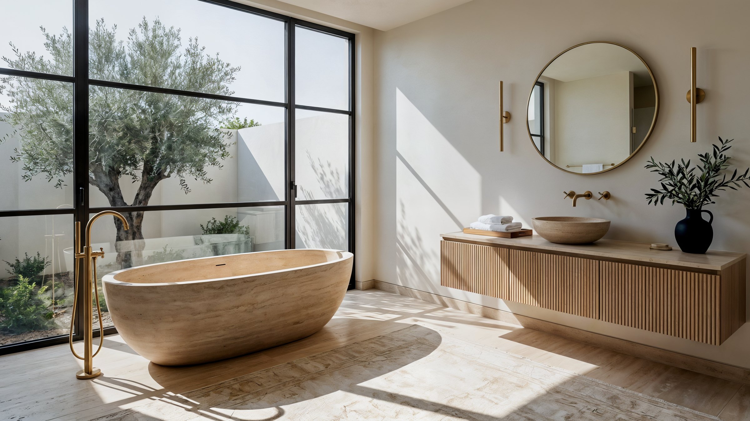 A Palm Jumeirah primary bathroom with a travertine tub, a fluted oak vanity and a steel-framed window onto an olive tree, Studio Sakaia, Dubai