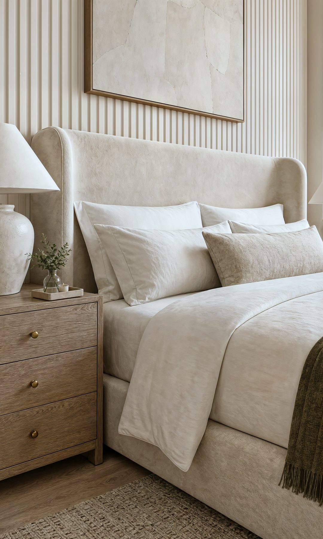 Layered linen, an olive throw and a ceramic lamp on an oak nightstand in a Palm Jumeirah bedroom, Studio Sakaia, Dubai