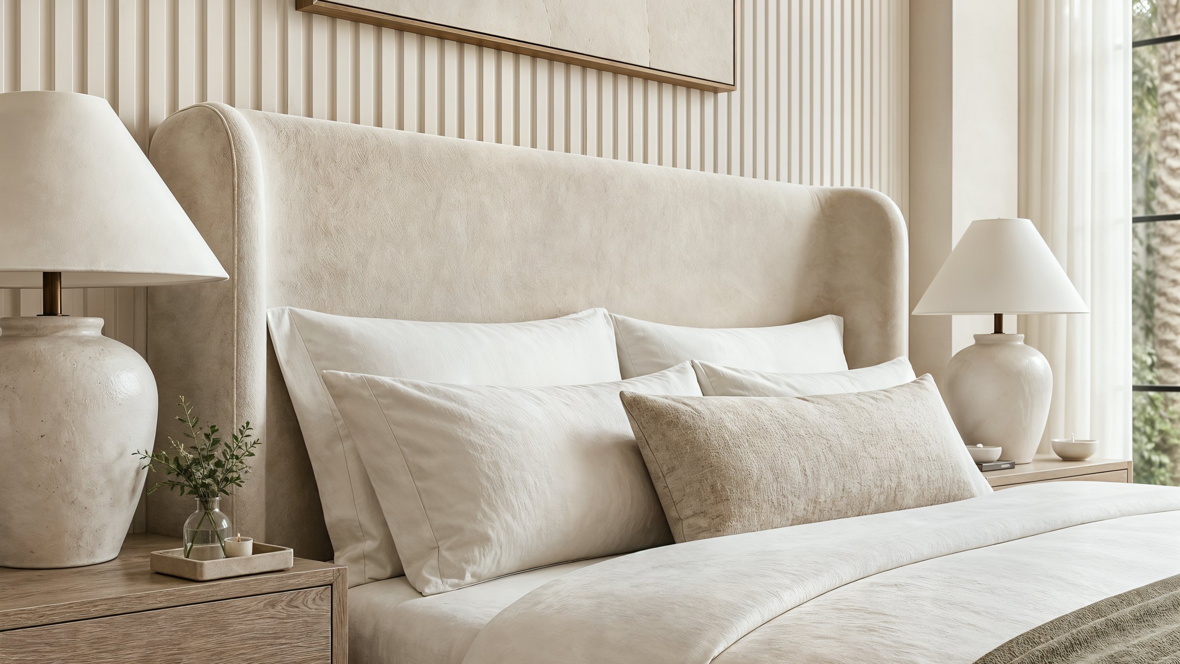 Layered linen, an olive throw and a ceramic lamp on an oak nightstand in a Palm Jumeirah bedroom, Studio Sakaia, Dubai