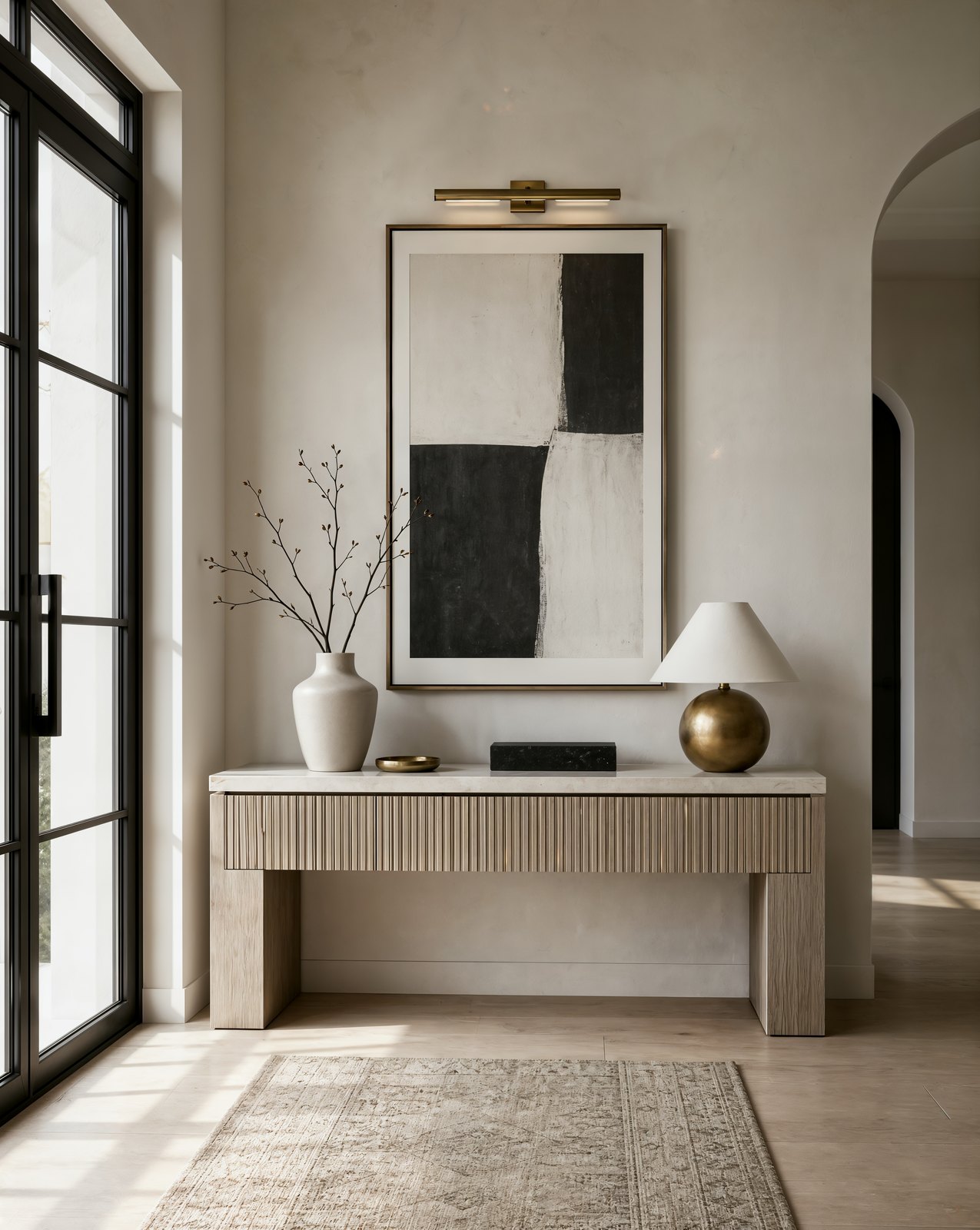 A reeded oak console in a Dubai entry, one lit brass lamp, a framed abstract and a shallow stone tray, Studio Sakaia, Dubai
