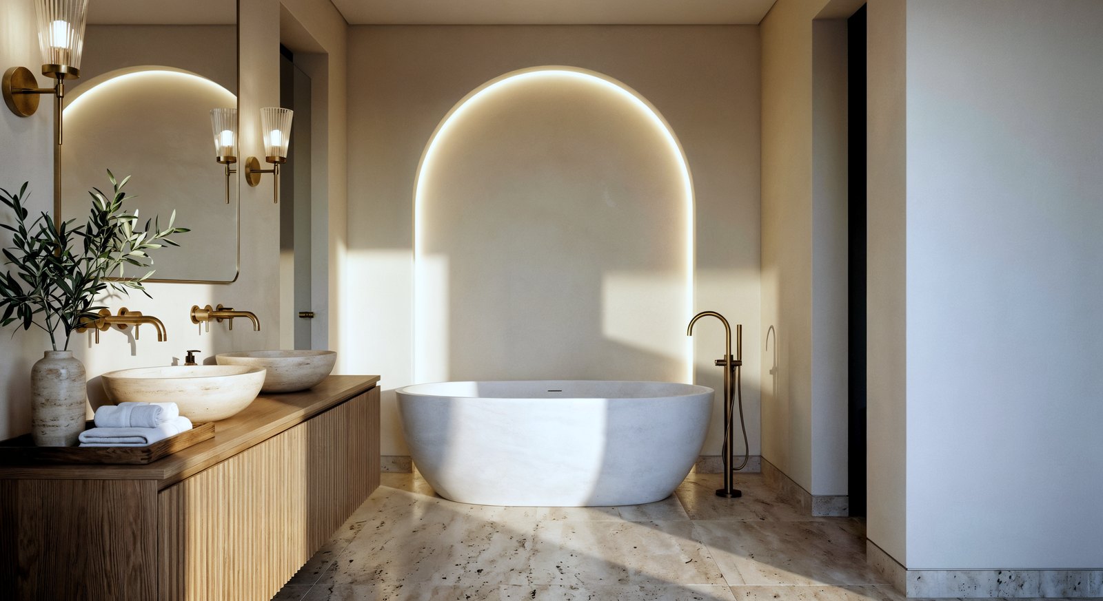 A Jumeirah townhouse bathroom with an arched backlit niche, a freestanding stone tub and an oak vanity, Dubai