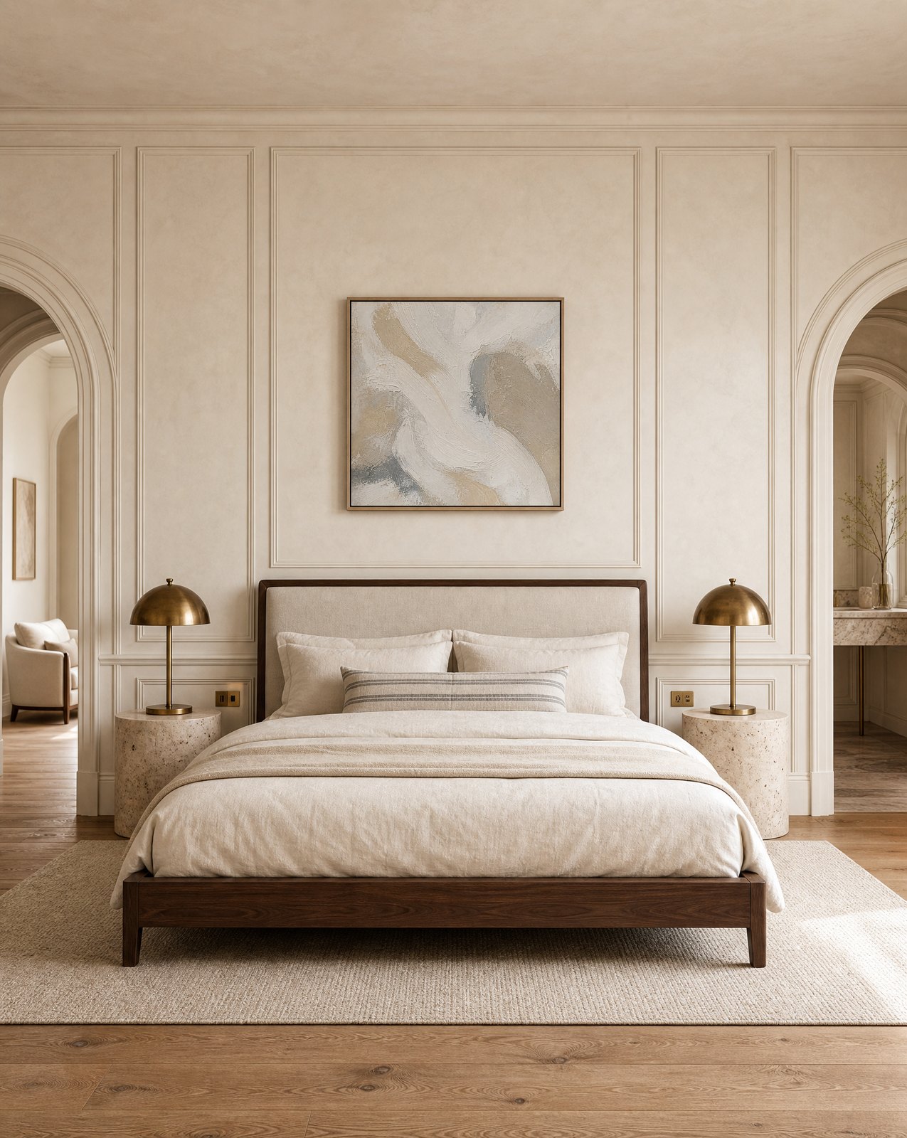 A Jumeirah townhouse bedroom with an upholstered bed in a dark walnut frame, layered ivory linen and travertine nightstands, Dubai