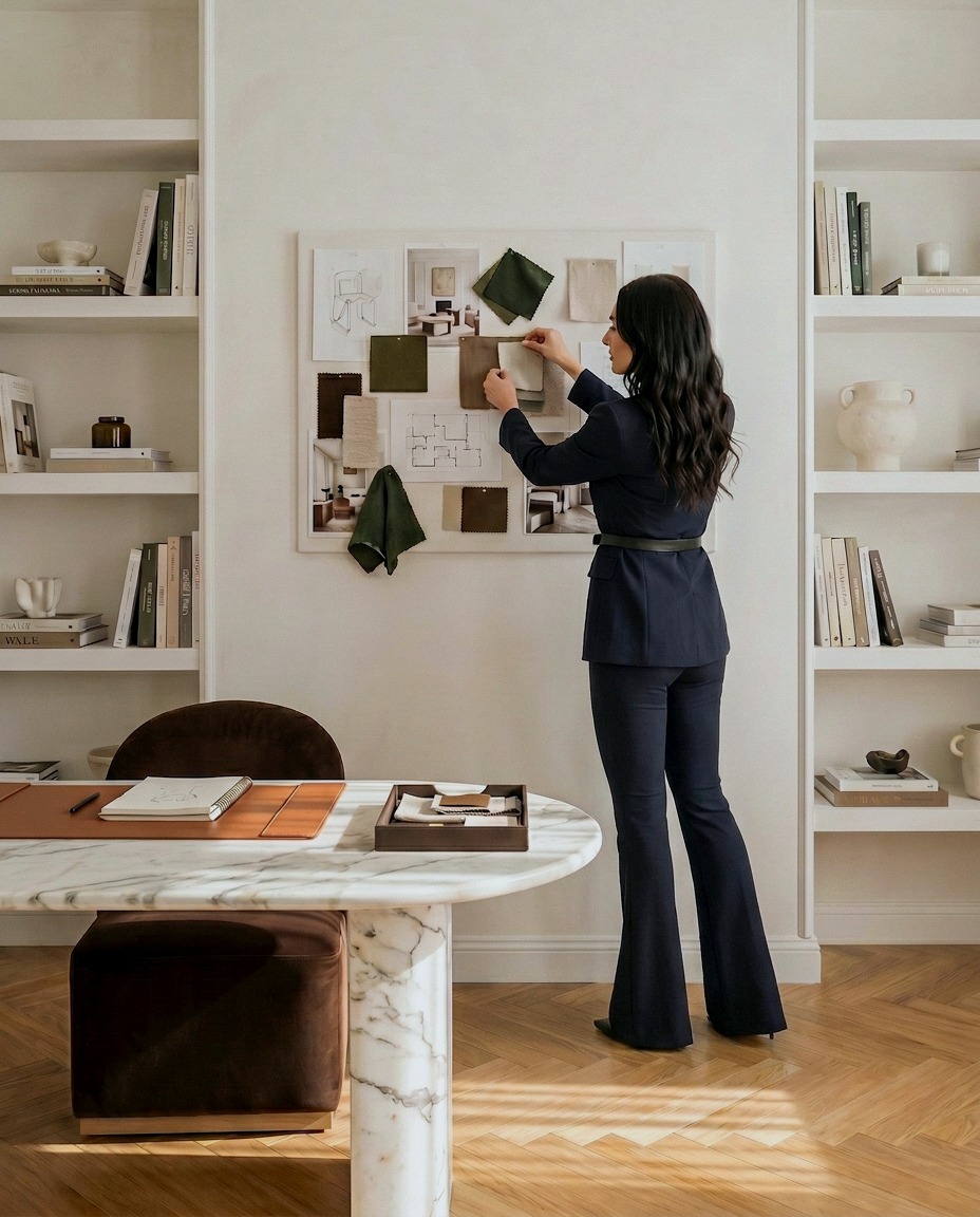 Studio material moodboard with plaster, stone and timber samples for selection, Studio Sakaia