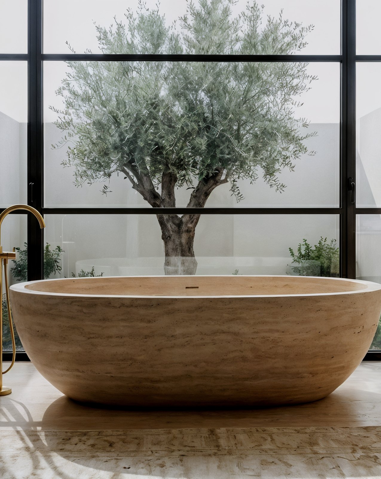 Palm Jumeirah primary bathroom with a travertine tub, a brass filler and an olive tree, Dubai