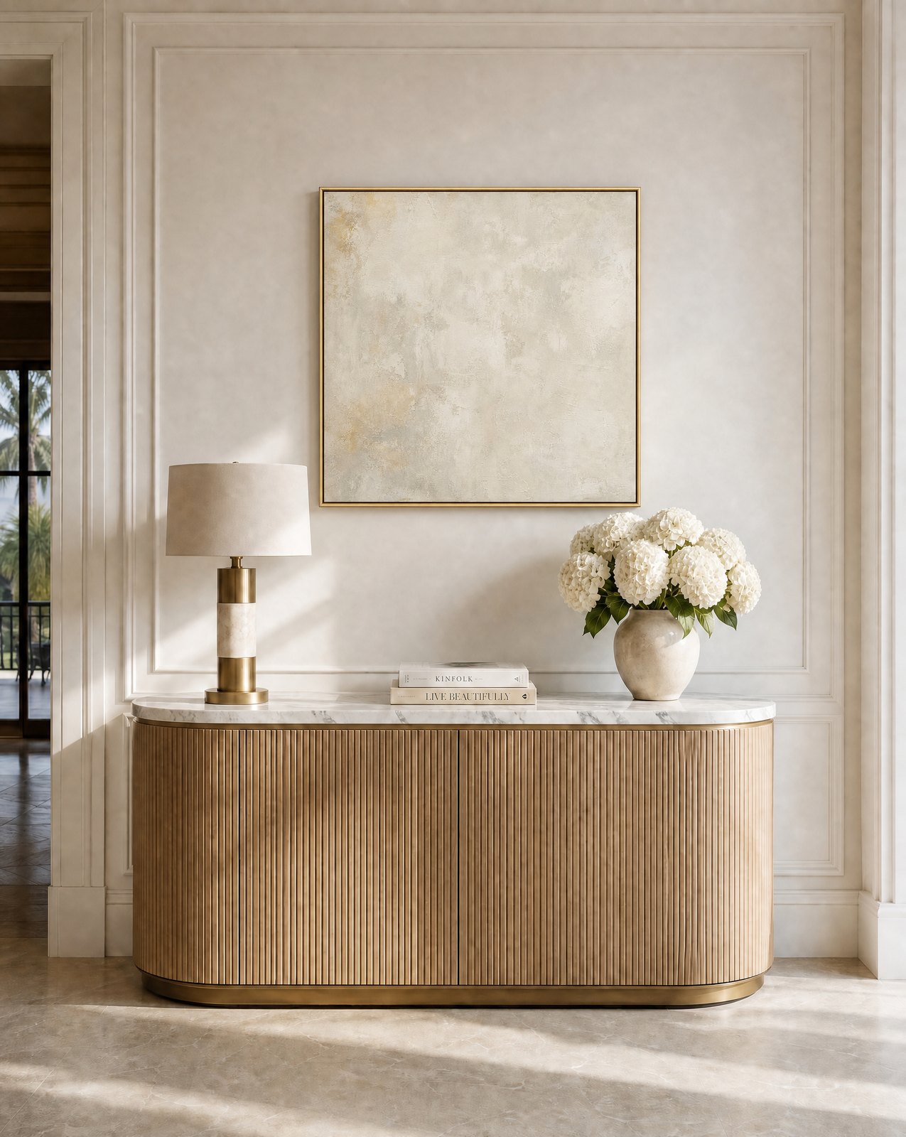 Palm Jumeirah entry: a fluted pale-oak console on a brass plinth with a honed marble top, styled with an alabaster lamp, a framed canvas and hydrangeas, Dubai