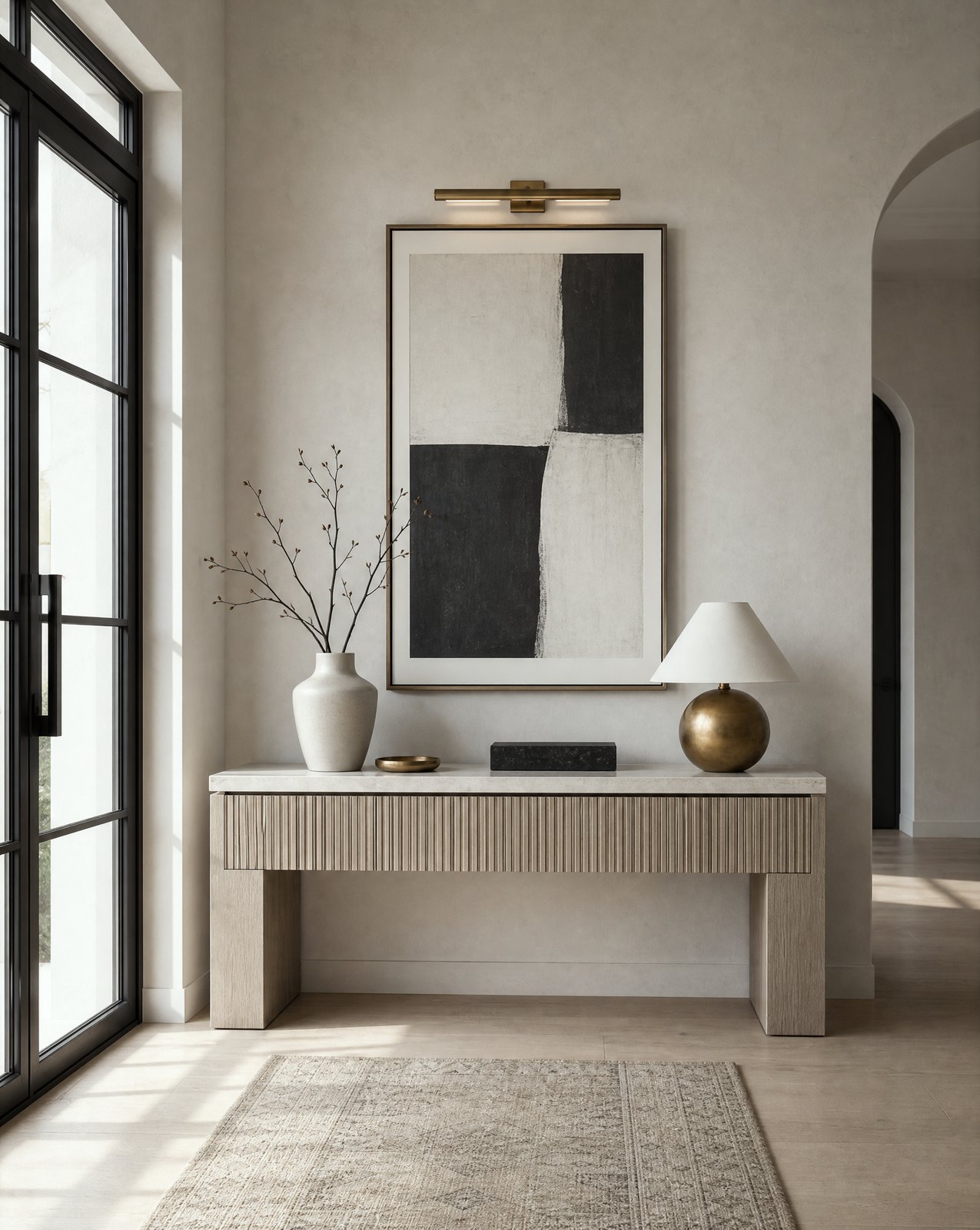 Palm Jumeirah entry foyer: a pale-oak reeded console with a honed limestone top against lime plaster, Dubai