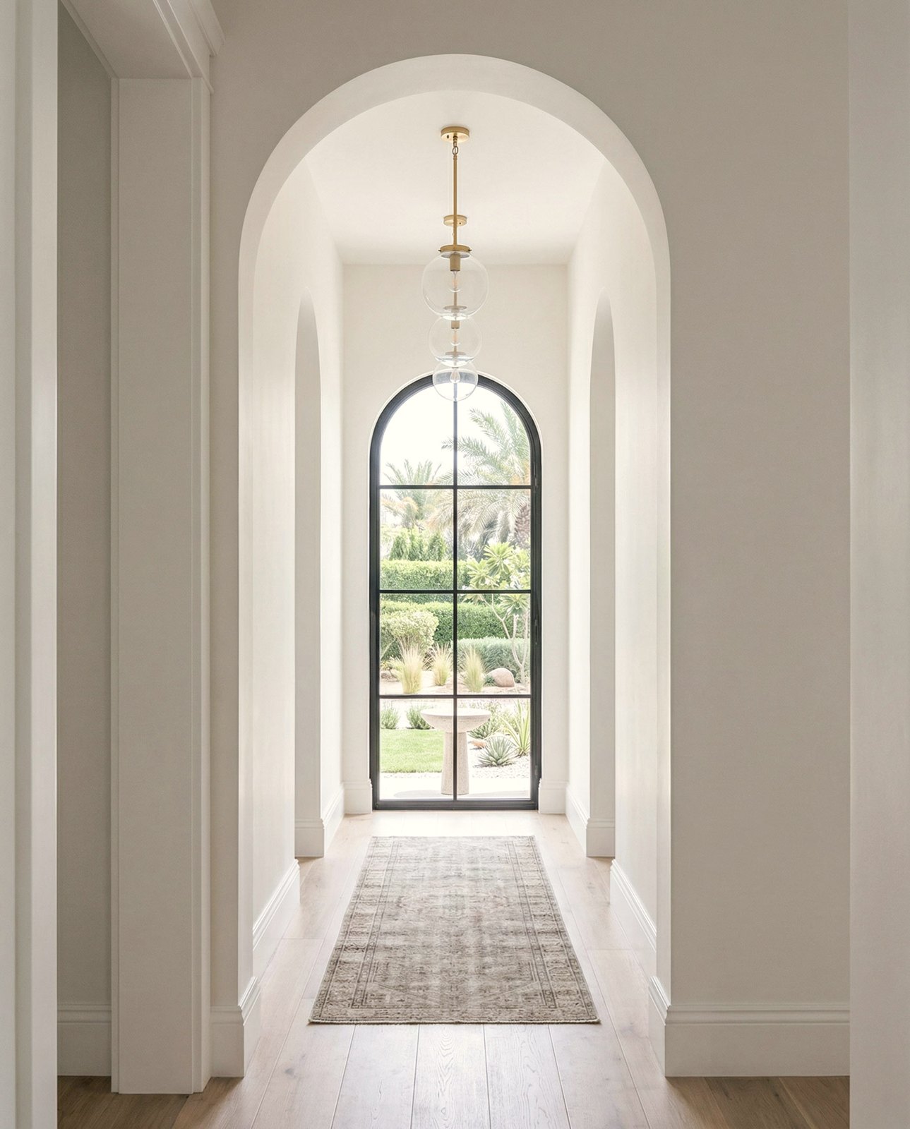An arched Palm Jumeirah corridor with repeating pendants leading to a garden window, Dubai