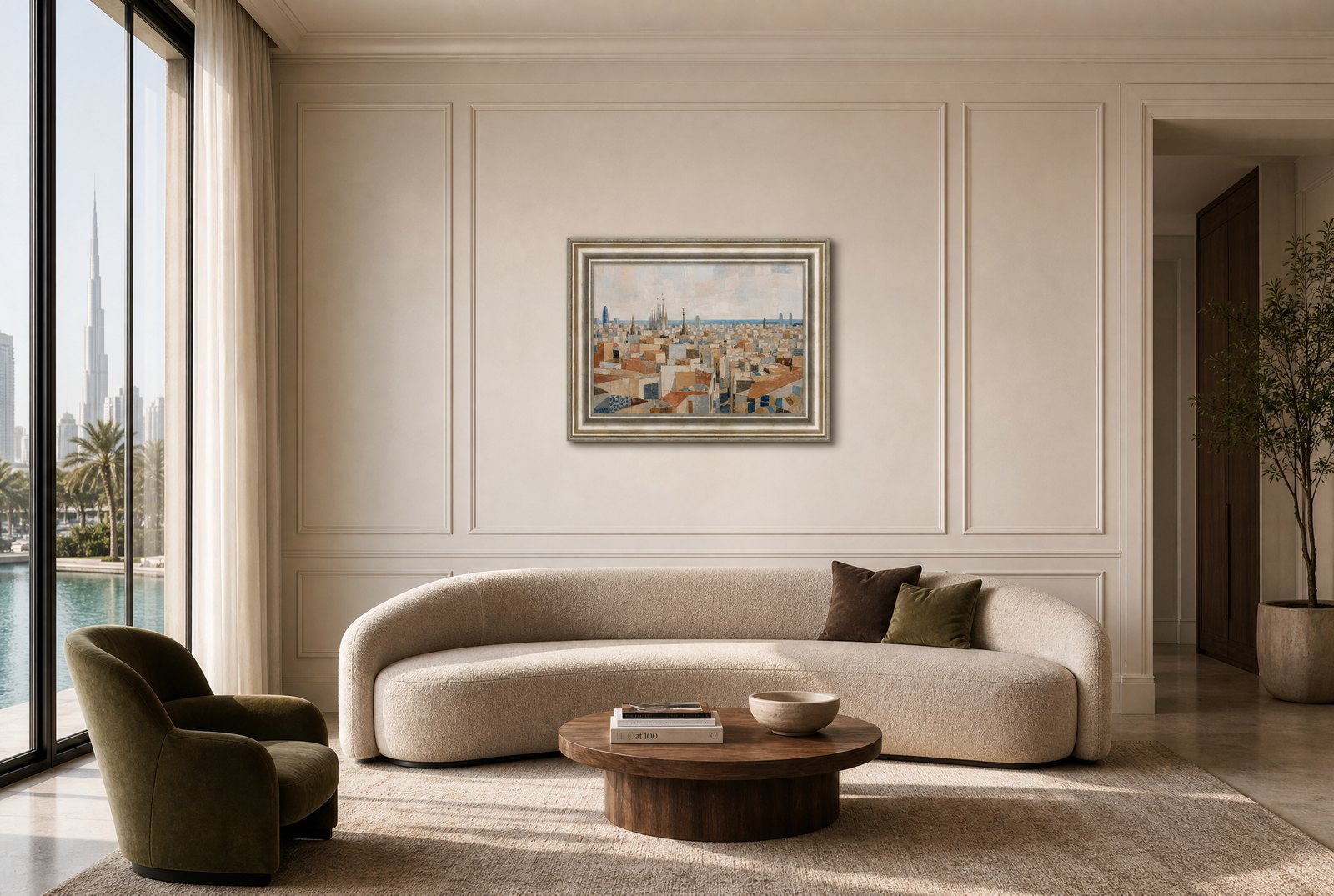 Jumeirah townhouse living room with a curved cream boucle sofa, an olive velvet armchair and a framed cityscape artwork, Burj Khalifa view beyond, Dubai