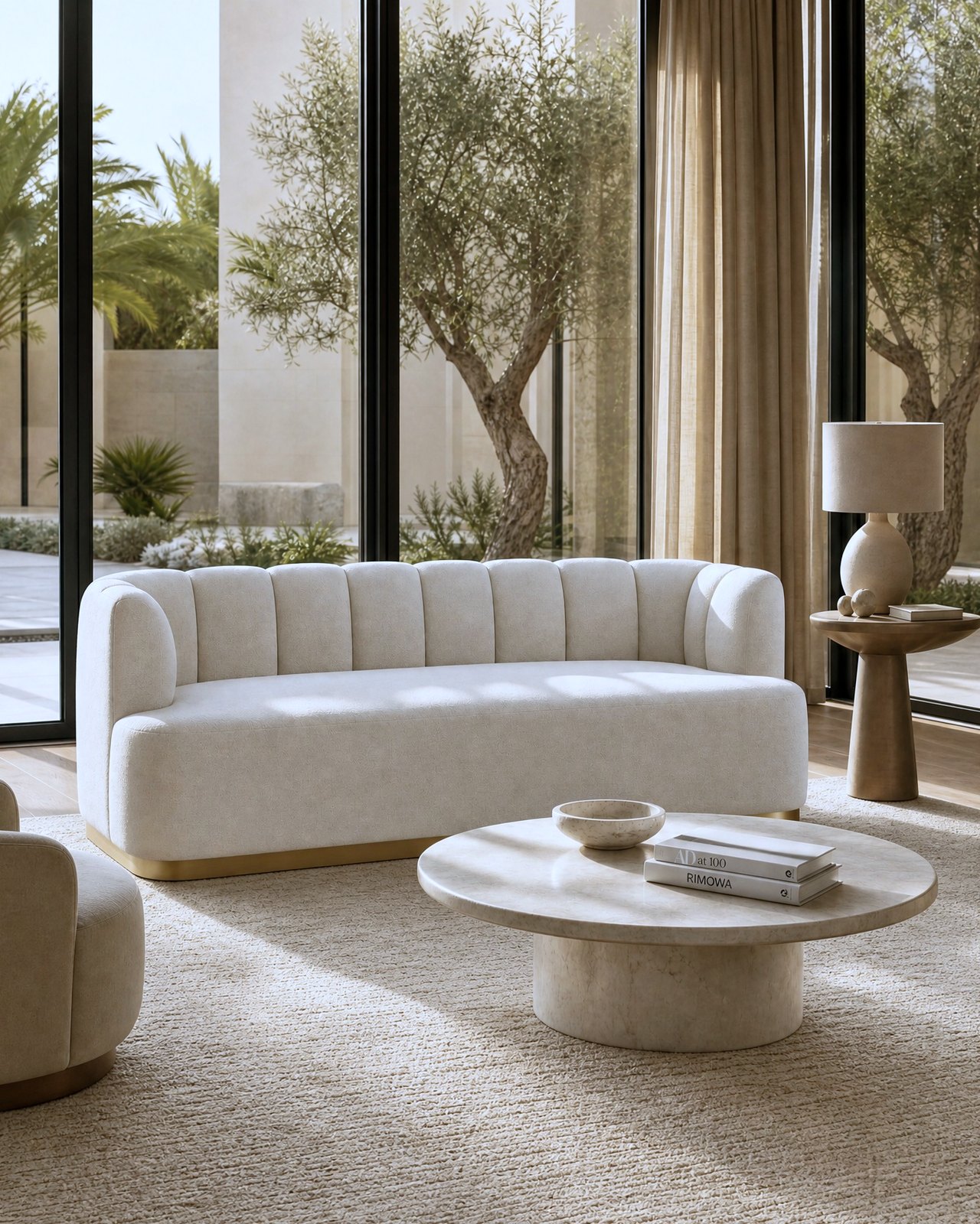 Palm Jumeirah living room with a curved cream sofa, round travertine tables and a palm view, Dubai
