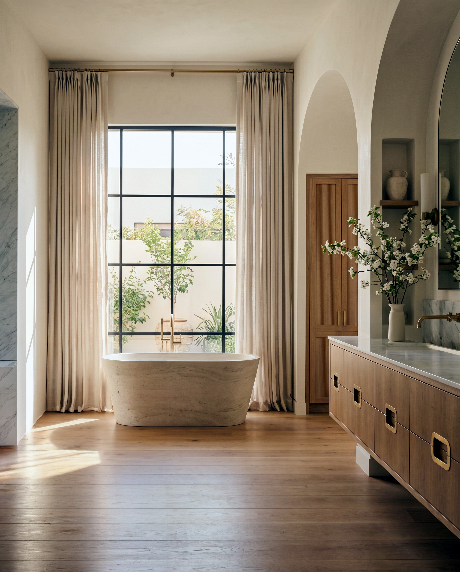Warm minimalist primary bathroom concept with a travertine tub and linen drapery, Studio Sakaia
