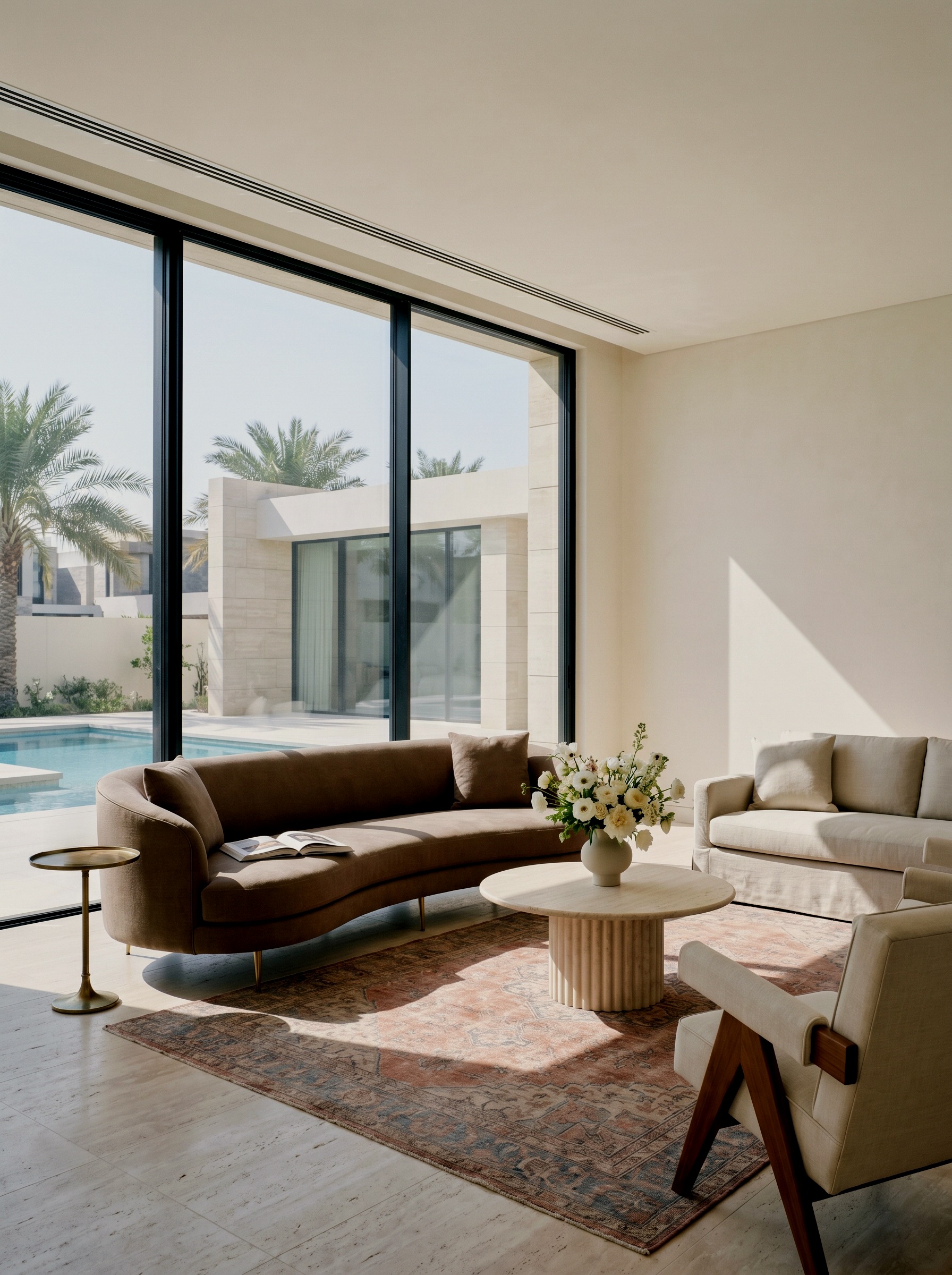Warm minimalist living room concept with a curved velvet sofa and restrained styling, Studio Sakaia