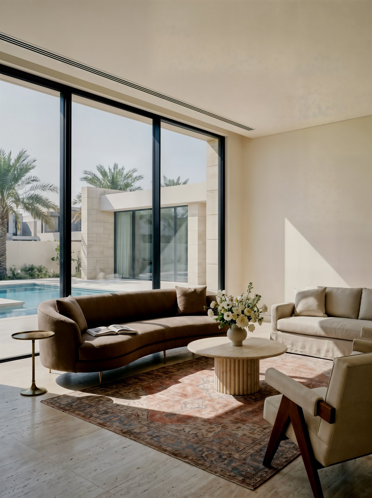 A second Dubai living room with a curved velvet sofa and a fluted travertine table, Studio Sakaia